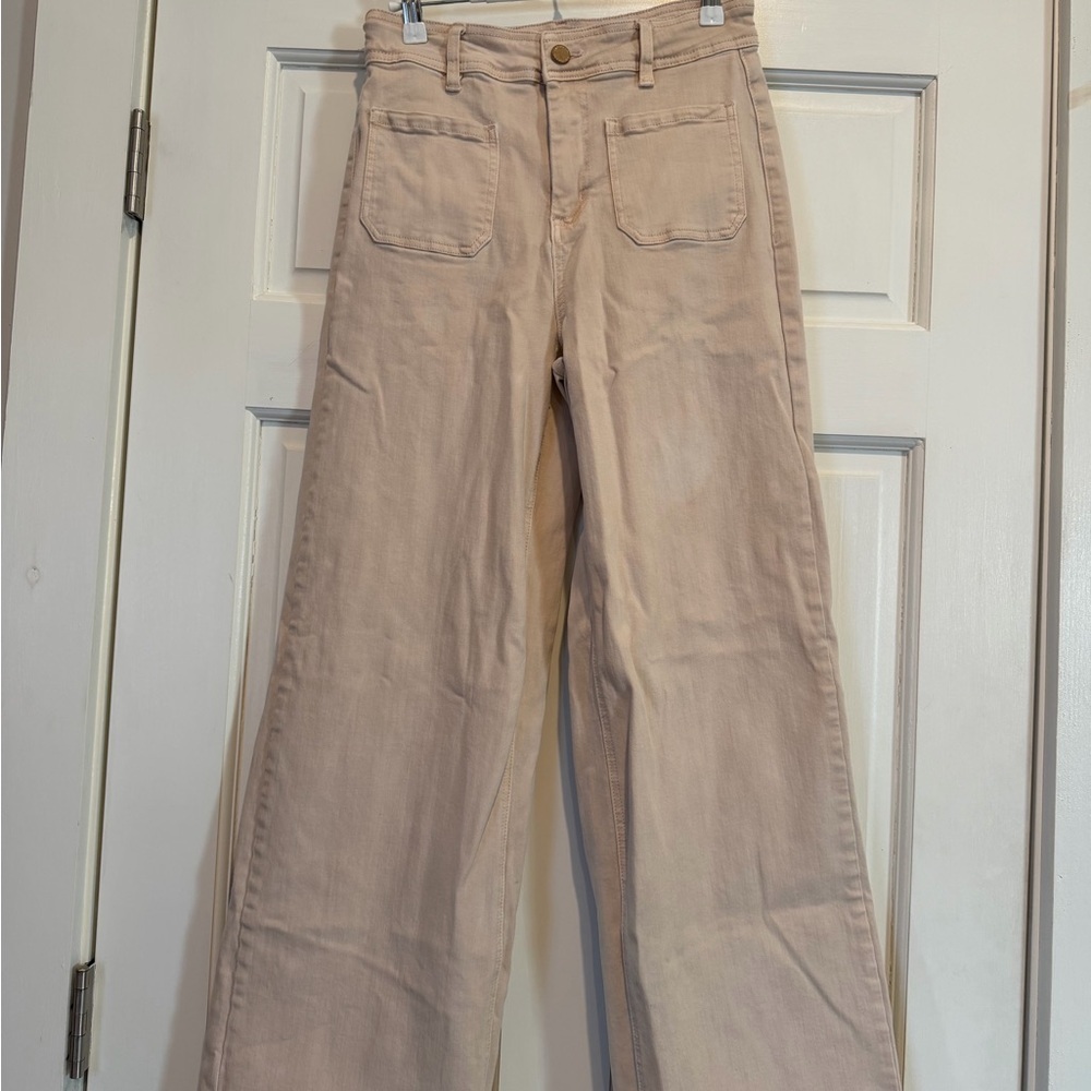 OAT Tan Beige High Waisted Wide-Leg Pants with Cute Front Pockets